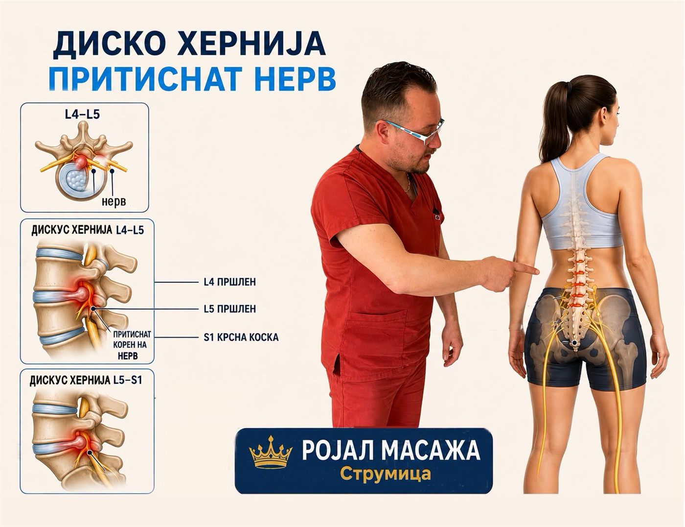 Едукативна графика за дискус хернија на ниво L4-L5 и притиснат нервен корен